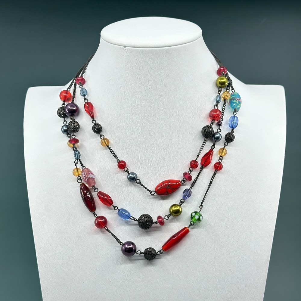 Multicolor Beaded Triple Strand Necklace Floral Filigree Boho Whimsy Statement
